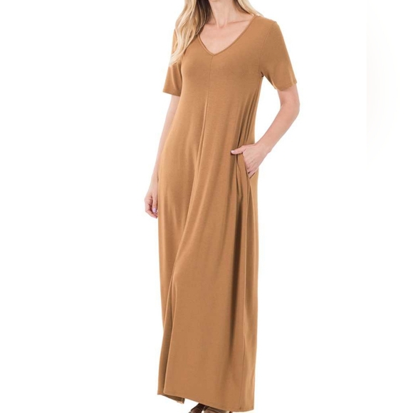 #454 FINAL SALE 🛑S,XL V-Neck Short Sleeve Maxi Dress w/ Side Pockets - Picture 1 of 2